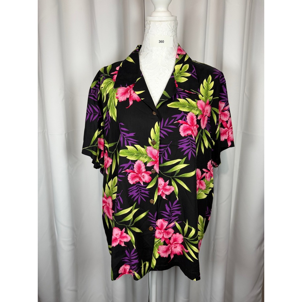Two Palms Made in Hawaii Floral Hibiscus Rayon Camp Shirt Black Pink 2XL